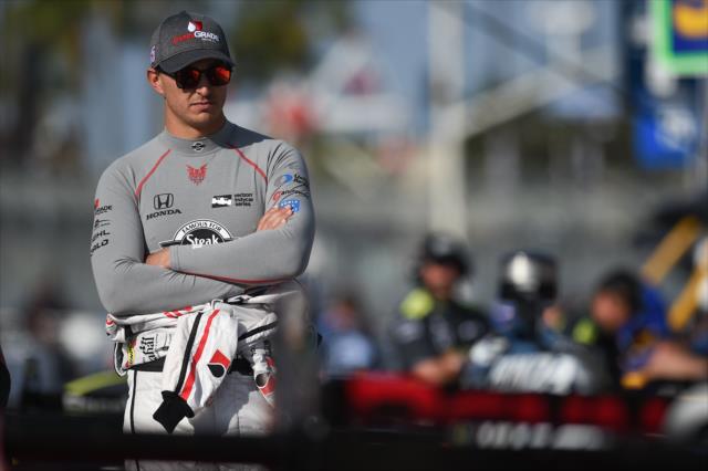 Graham Rahal looks down pit lane prior to the final warmup for the Toyota Grand Prix of Long Beach -- Photo by: Christopher Owens