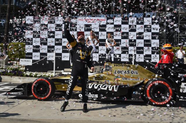 James Hinchcliffe celebrates in Victory Lane after winning the 2017 Toyota Grand Prix of Long Beach -- Photo by: Christopher Owens