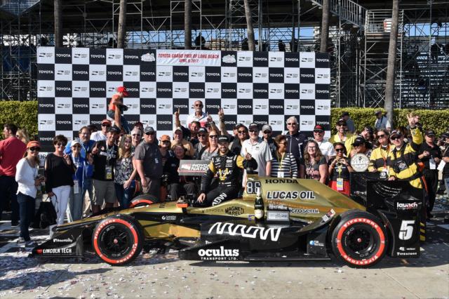 James Hinchcliffe celebrates with INDYCAR Nation in Victory Lane after his victory in the 2017 Toyota Grand Prix of Long Beach -- Photo by: Christopher Owens