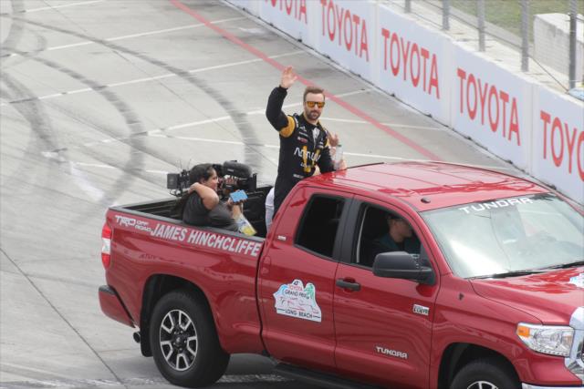 James Hinchcliffe waives to the crowd during pre-race festivities for the Toyota Grand Prix of Long Beach -- Photo by: Richard Dowdy