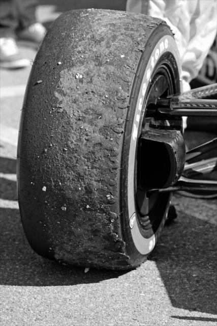 Battle scars on the Firestone tires of James Hinchcliffe in Victory Lane -- Photo by: Richard Dowdy