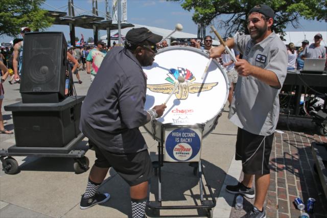 The drum band High Octane perform in the Pagoda Plaza during Miller Lite Carb Day at the Indianapolis Motor Speedway -- Photo by: Richard Dowdy