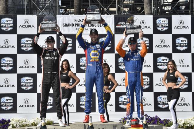 Alexander Rossi, Josef Newgarden and Scott Dixon on the podium after the Acura Grand Prix of Long Beach -- Photo by: Chris Owens