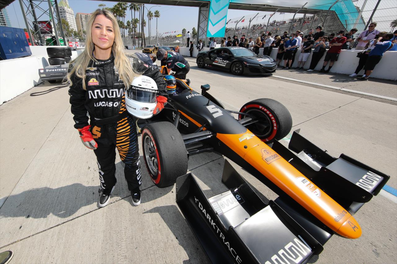 Olympic skateboarder Leticia Bufoni poses with the Arrow Two-Seater - Acura Grand Prix of Long Beach -- Photo by: Joe Skibinski