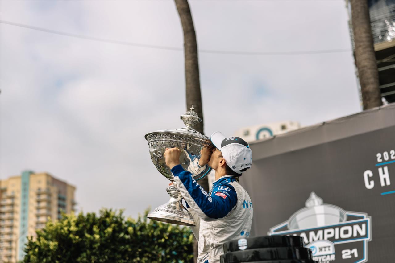 Alex Palou with the Astor Cup - Acura Grand Prix of Long Beach -- Photo by: Joe Skibinski