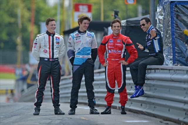 (L to R): Scott Hargrove, Matthew Brabham, and Carlos Munoz have a good laugh with Helio Castroneves at Mid-Ohio -- Photo by: John Cote
