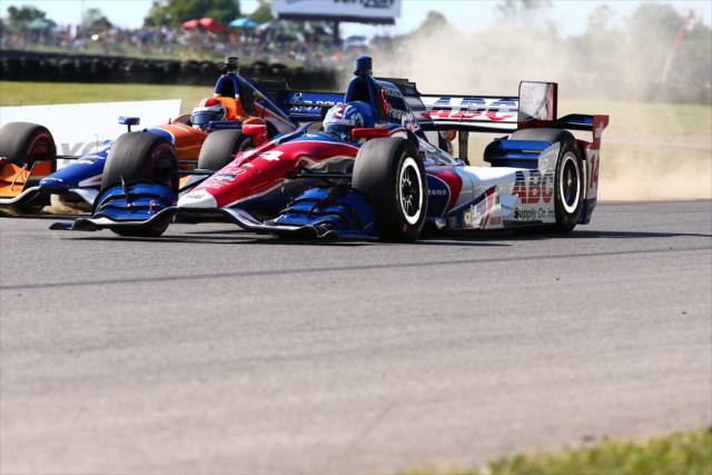 Takuma Sato and Charlie Kimball roll down the backstretch during the final warmup for the Honda Indy 200 at Mid-Ohio -- Photo by: Bret Kelley