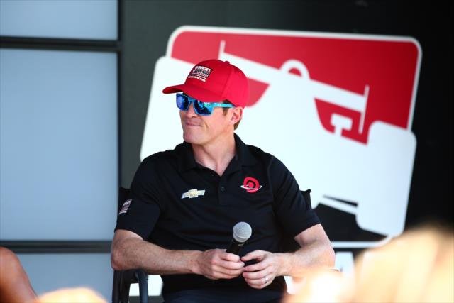 Scott Dixon listens to a question during a Q&A session in the INDYCAR Fan Village at Mid-Ohio -- Photo by: Bret Kelley