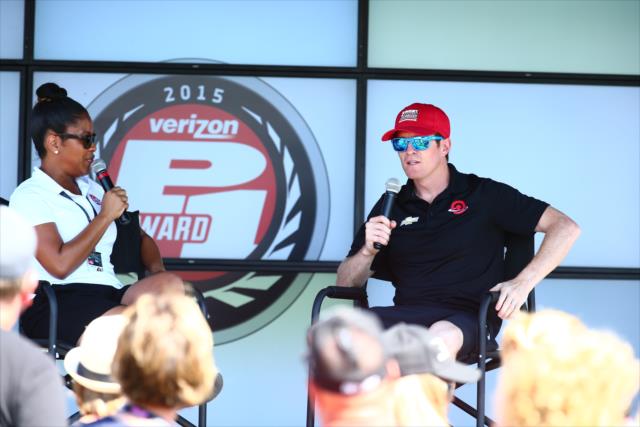 Scott Dixon participates in a Q&A session in the INDYCAR Fan Village at the Mid-Ohio Sports Car Course -- Photo by: Bret Kelley