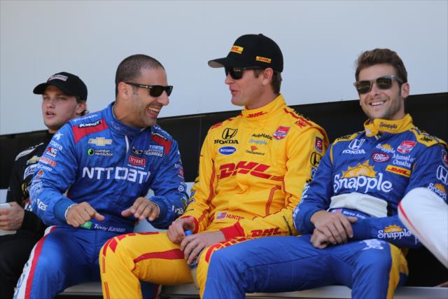Tony Kanaan, Ryan Hunter-Reay, and Marco Andretti chat backstage during pre-race festivities for the Honda Indy 200 at Mid-Ohio -- Photo by: Chris Jones