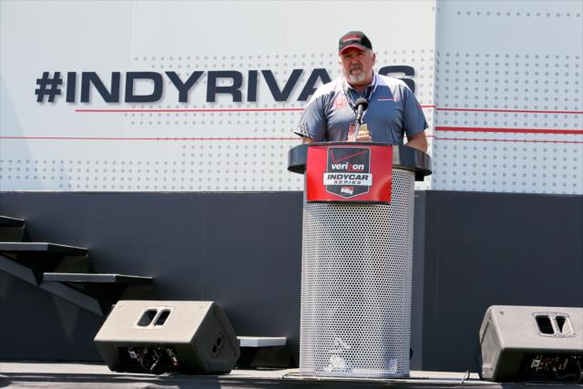 John Mendel, Executive VP, American Honda Motor, Inc. speaks to crowd during pre-race festivities for the Honda Indy 200 at Mid-Ohio -- Photo by: Chris Jones