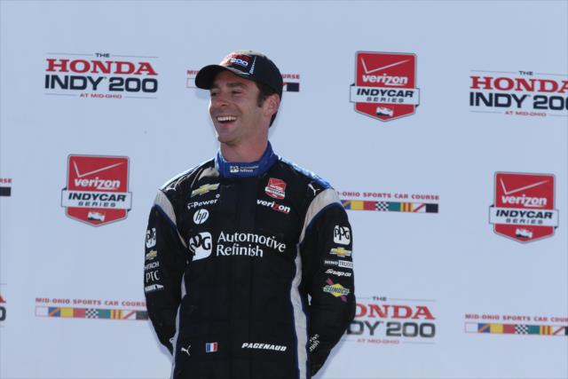 Simon Pagenaud has a laugh on Victory Circle following the Honda Indy 200 at Mid-Ohio -- Photo by: Chris Jones