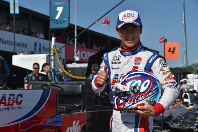 Takuma Sato with his commemorative 100th Start helmet prior the final warmup for the Honda Indy 200 at Mid-Ohio -- Photo by: John Cote