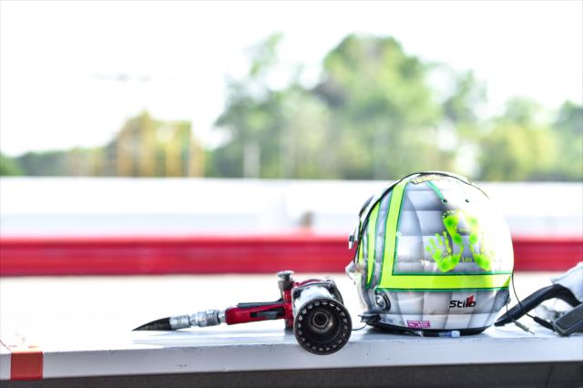 The helmet of Tony Kanaan sits at the ready along pit lane during the team test at the Mid-Ohio Sports Car Course -- Photo by: Chris Owens