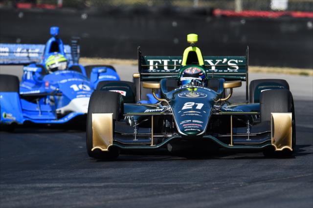 JR Hildebrand and Tony Kanaan duel on course during the team test at the Mid-Ohio Sports Car Course -- Photo by: Chris Owens