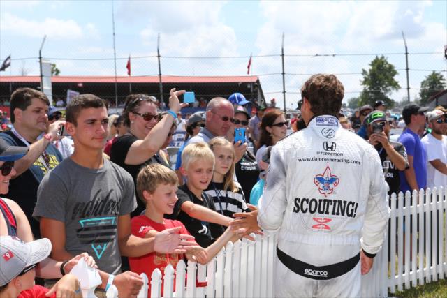 RC Enerson greets the fans during pre-race festivities for the Honda Indy 200 at Mid-Ohio -- Photo by: Chris Jones