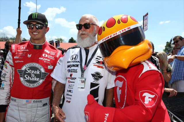 Graham Rahal and the Firestone Firehawk greet TV Legend David Letterman during pre-race festivities for the Honda Indy 200 at Mid-Ohio -- Photo by: Chris Jones