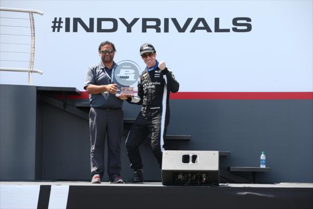 Simon Pagenaud accepts the Verizon P1 Award for claiming the pole position for the Honda Indy 200 at Mid-Ohio -- Photo by: Chris Jones