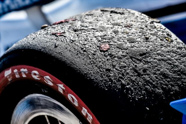 Firestone tires show the wear-and-tear following Simon Pagenaud's victory in the Honda Indy 200 at Mid-Ohio -- Photo by: Chris Owens