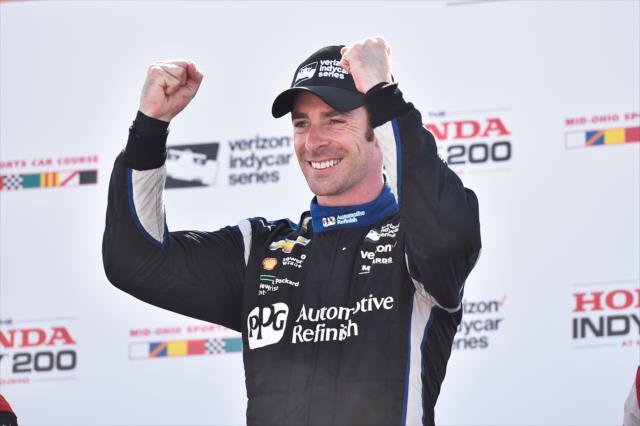 Simon Pagenaud celebrates in Victory Lane following his win in the Honda Indy 200 at Mid-Ohio -- Photo by: Chris Owens