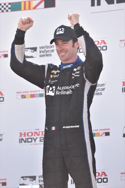 Simon Pagenaud celebrates in Victory Lane following his win in the Honda Indy 200 at Mid-Ohio -- Photo by: Chris Owens