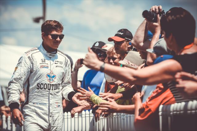 RC Enerson greets the fans during pre-race introductions for the Honda Indy 200 at Mid-Ohio -- Photo by: Joe Skibinski