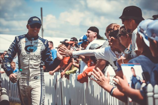 Max Chilton greets the fans during pre-race introductions for the Honda Indy 200 at Mid-Ohio -- Photo by: Joe Skibinski