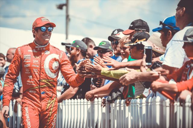 Scott Dixon greets the fans during pre-race introductions for the Honda Indy 200 at Mid-Ohio -- Photo by: Joe Skibinski