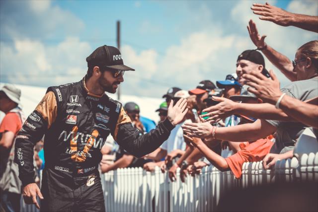 James Hinchcliffe greets the fans during pre-race introductions for the Honda Indy 200 at Mid-Ohio -- Photo by: Joe Skibinski