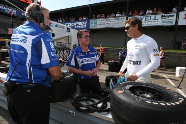 RC Enerson chats with his Dale Coyne Racing engineers along pit lane following the final warmup for the Honda Indy 200 at Mid-Ohio -- Photo by: Joe Skibinski