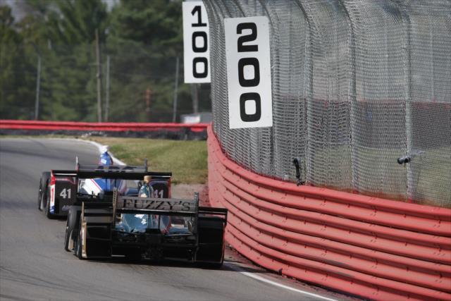 Jack Hawksworth and Josef Newgarden set up for Turn 11 during the final warmup for the Honda Indy 200 at Mid-Ohio -- Photo by: Joe Skibinski