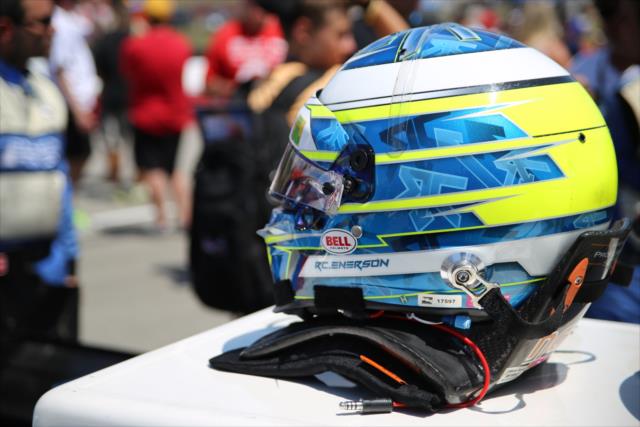 The helmet of RC Enerson sits at the ready during pre-race festivities for the Honda Indy 200 at Mid-Ohio -- Photo by: Matt Fraver