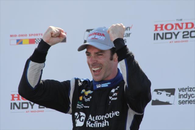 Simon Pagenaud celebrates in Victory Circle following his win in the Honda Indy 200 at Mid-Ohio -- Photo by: Matt Fraver