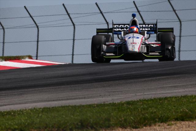 Ed Jones throws his Honda into the Turn 2 Keyhole turn during the final warmup for the Honda Indy 200 at Mid-Ohio -- Photo by: Bret Kelley