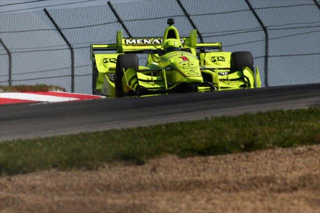 Simon Pagenaud throws his Chevrolet into the Turn 2 Keyhole turn during the final warmup for the Honda Indy 200 at Mid-Ohio -- Photo by: Bret Kelley