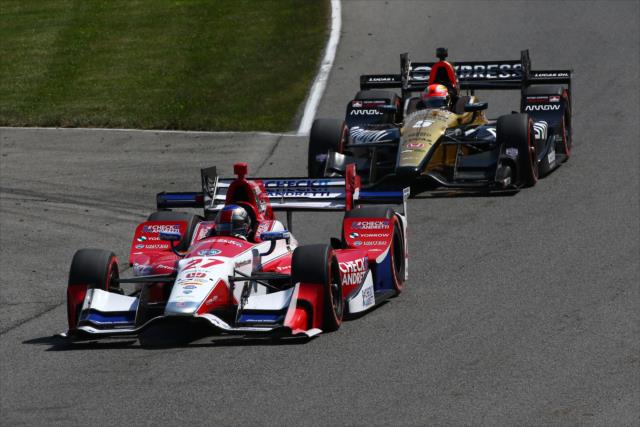 Marco Andretti and James Hinchcliffe go nose-to-tail down the backstretch during the Honda Indy 200 at Mid-Ohio -- Photo by: Bret Kelley