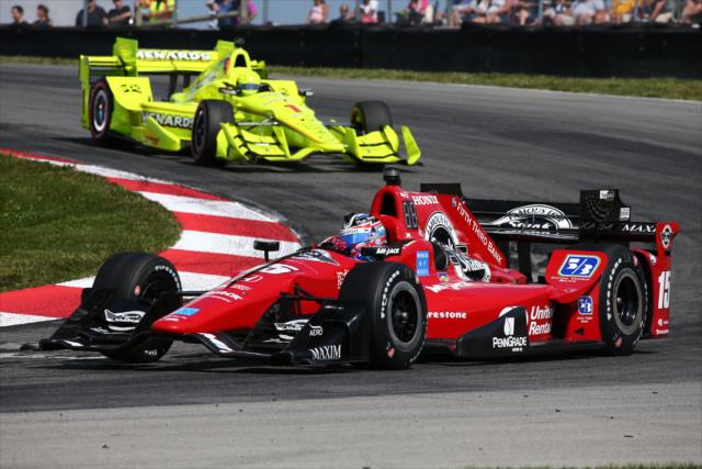 Graham Rahal and Simon Pagenaud battle through the Turn 2 Keyhole turn during the Honda Indy 200 at Mid-Ohio -- Photo by: Bret Kelley