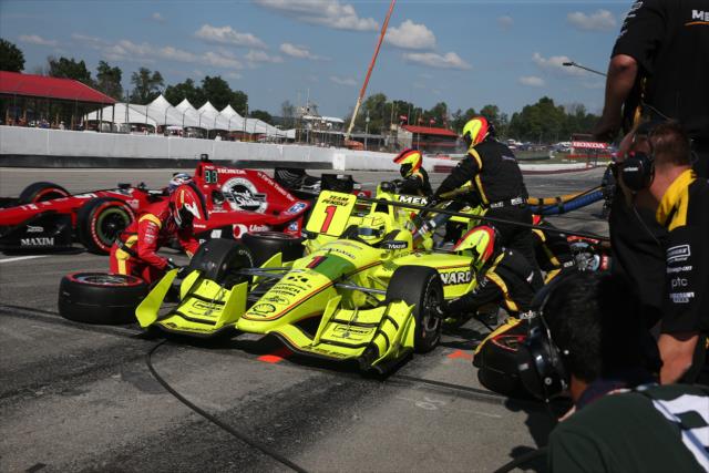 Simon Pagenaud comes in for tires and fuel on pit lane during the Honda Indy 200 at Mid-Ohio -- Photo by: Chris Jones