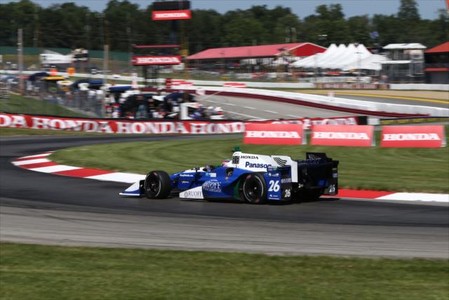 Takuma Sato rounds the Turn 12 Carousel during the final warmup for the Honda Indy 200 at Mid-Ohio -- Photo by: Chris Jones