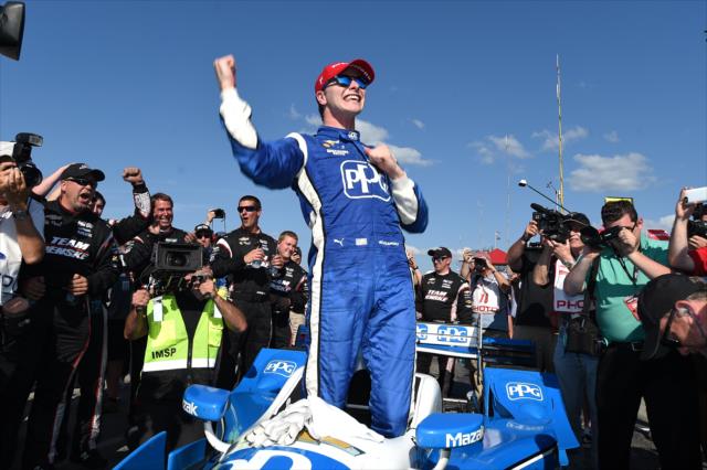 Josef Newgarden celebrates in Victory Lane after winning the Honda Indy 200 at Mid-Ohio -- Photo by: Chris Owens