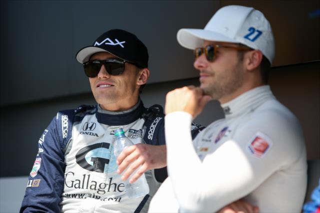 Max Chilton and Marco Andretti relax backstage during pre-race festivities for the Honda Indy 200 at Mid-Ohio -- Photo by: Joe Skibinski
