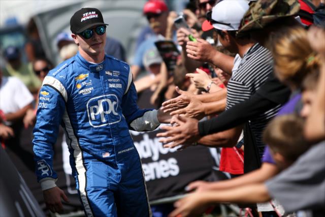 Josef Newgarden greets the fans during pre-race introductions for the Honda Indy 200 at Mid-Ohio -- Photo by: Joe Skibinski