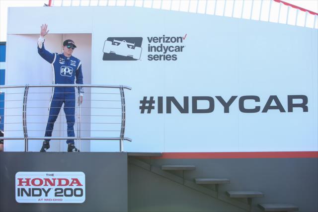 Josef Newgarden arrives in Victory Circle after winning the Honda Indy 200 at Mid-Ohio -- Photo by: Joe Skibinski