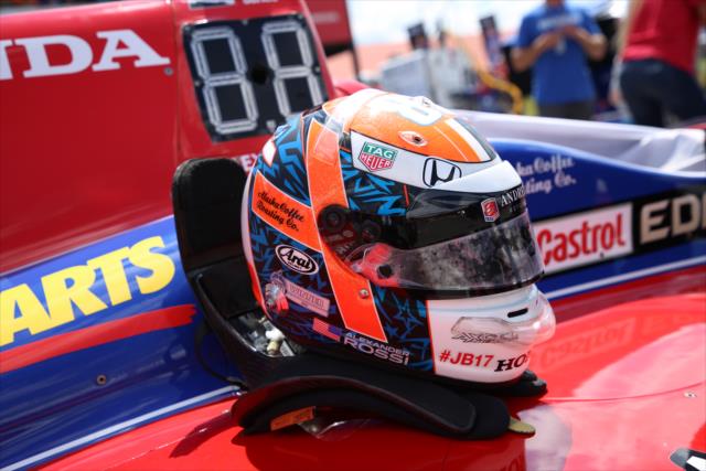 The helmet of Alexander Rossi sits at the ready prior to the star of the Honda Indy 200 at Mid-Ohio -- Photo by: Matt Fraver