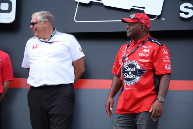 Art St. Cyr and Ohio State Buckeyes legend Archie Griffin on stage during pre-race festivities for the Honda Indy 200 at Mid-Ohio -- Photo by: Matt Fraver