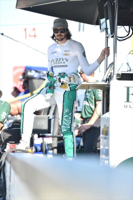 JR Hildebrand waits in his pit stand prior to the final practice for the ABC Supply 500 at Pocono Raceway -- Photo by: Chris Owens