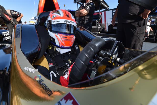 James Hinchcliffe sits in his No. 5 Arrow Honda on pit lane prior to practice for the ABC Supply 500 at Pocono Raceway -- Photo by: Chris Owens