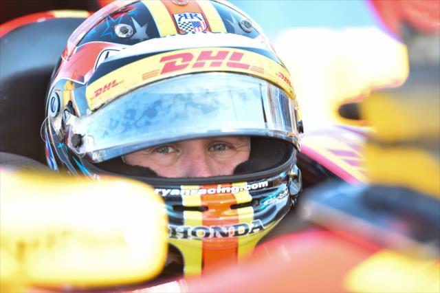 Ryan Hunter-Reay looks over his mirrors on pit lane prior to practice for the ABC Supply 500 at Pocono Raceway -- Photo by: Chris Owens