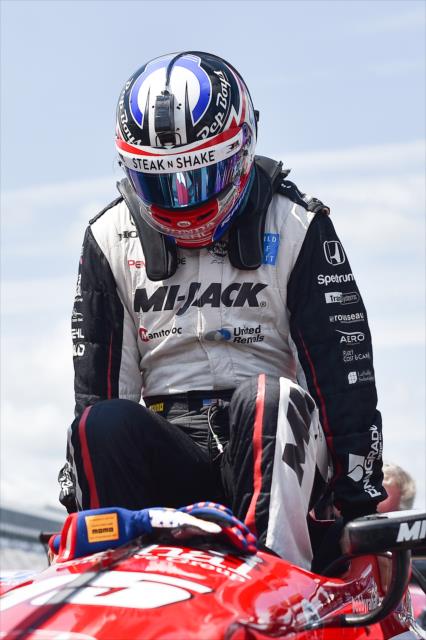 Graham Rahal slides into his No. 15 Honda on pit lane prior to practice for the ABC Supply 500 at Pocono Raceway -- Photo by: Chris Owens