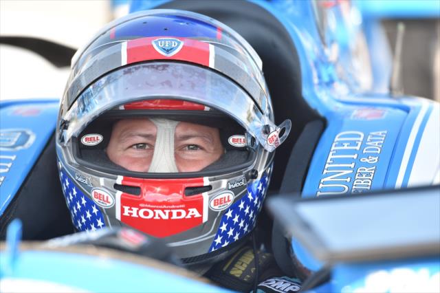 Marco Andretti looks down pit lane from his No. 27 UFD Honda prior to practice for the ABC Supply 500 at Pocono Raceway -- Photo by: Chris Owens
